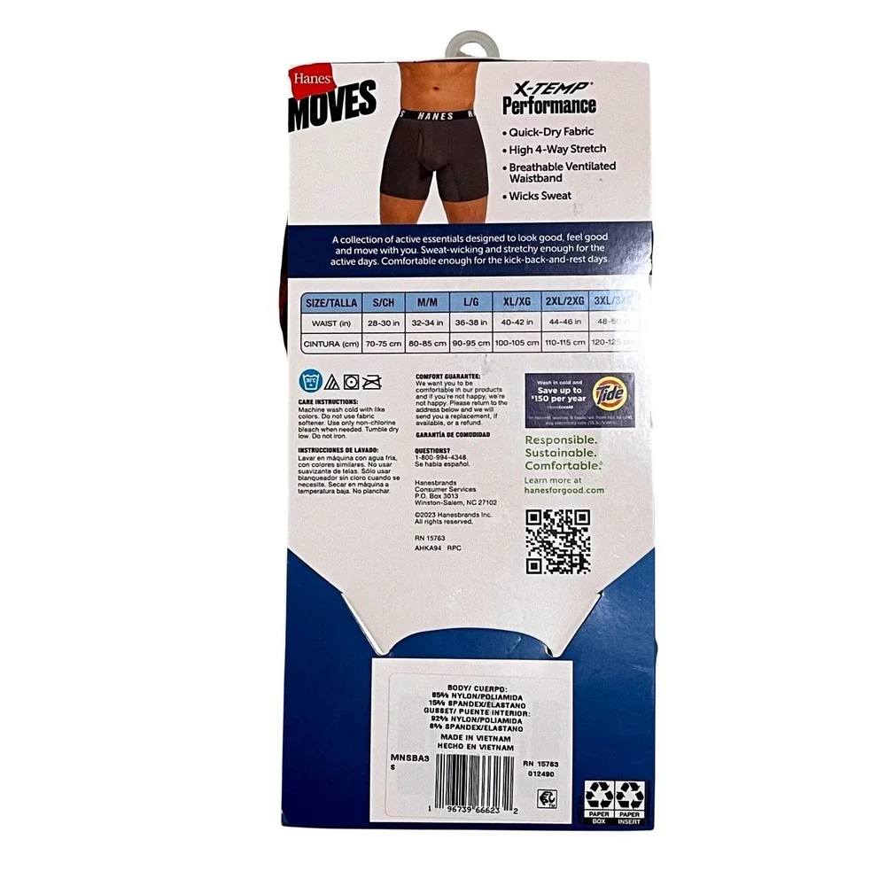 Hanes‎ Small (28-30) Moves X-Temp Performance Boxer Briefs 3-Pack Black Grey